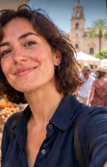 A woman smiling at the camera in a sunny Spanish market square